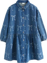 NEXT Kids' Bow Diamante Long Sleeve Denim Shirtdress