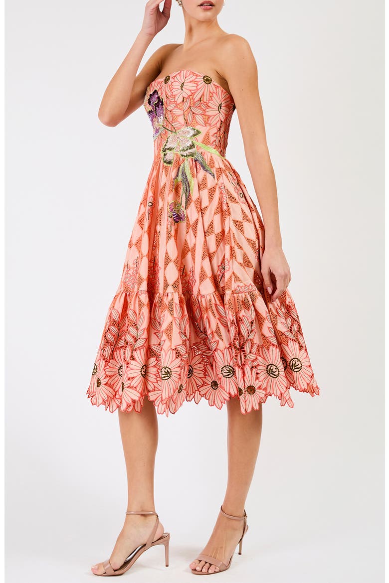 Candace Floral Cutwork Detail Strapless Cocktail Dress, Alternate, color, TANGERINE