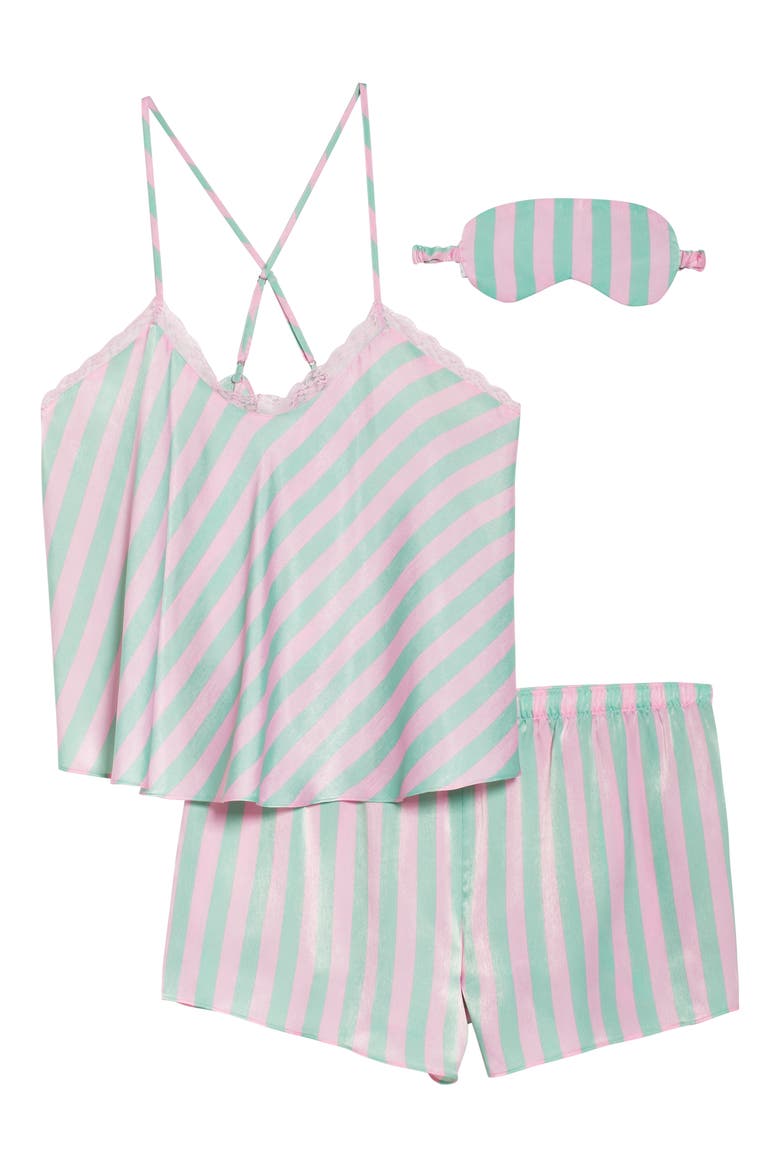 Satin Pajamas with Eye Mask, Alternate, color, GREEN MENTHOL EVEN STRIPE