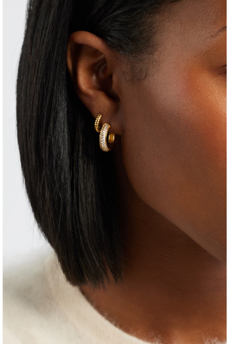 Set of 2 Cubic Zirconia Huggie Hoop Earrings, Alternate, color, CLEAR- GOLD- SILVER