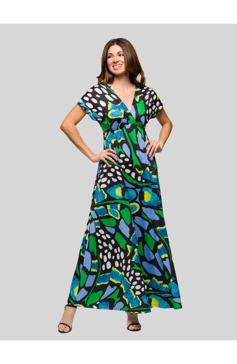 24seven Comfort Apparel Blue Butterfly Print V Neck Empire Waist Cap Sleeve Maxi Dress, Main, color,