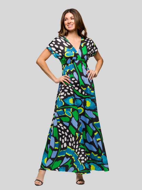 Blue Butterfly Print V Neck Empire Waist Cap Sleeve Maxi Dress