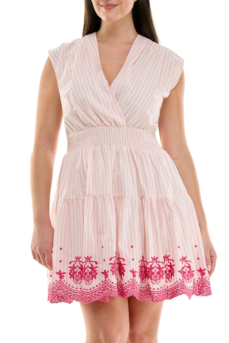 Stripe Cap Sleeve Embroidered Fit & Flare Dress, Alternate, color, PINK/WHITE