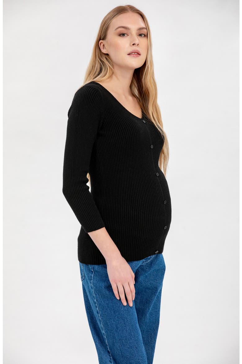 Bella Rib Button Trim V-Neck Maternity Sweater, Alternate, color, BLACK