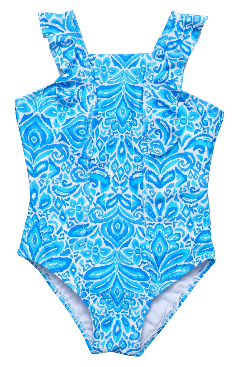 Snapper Rock Santorini Blue Ruffle One-Piece Swimsuit, Main, color, 