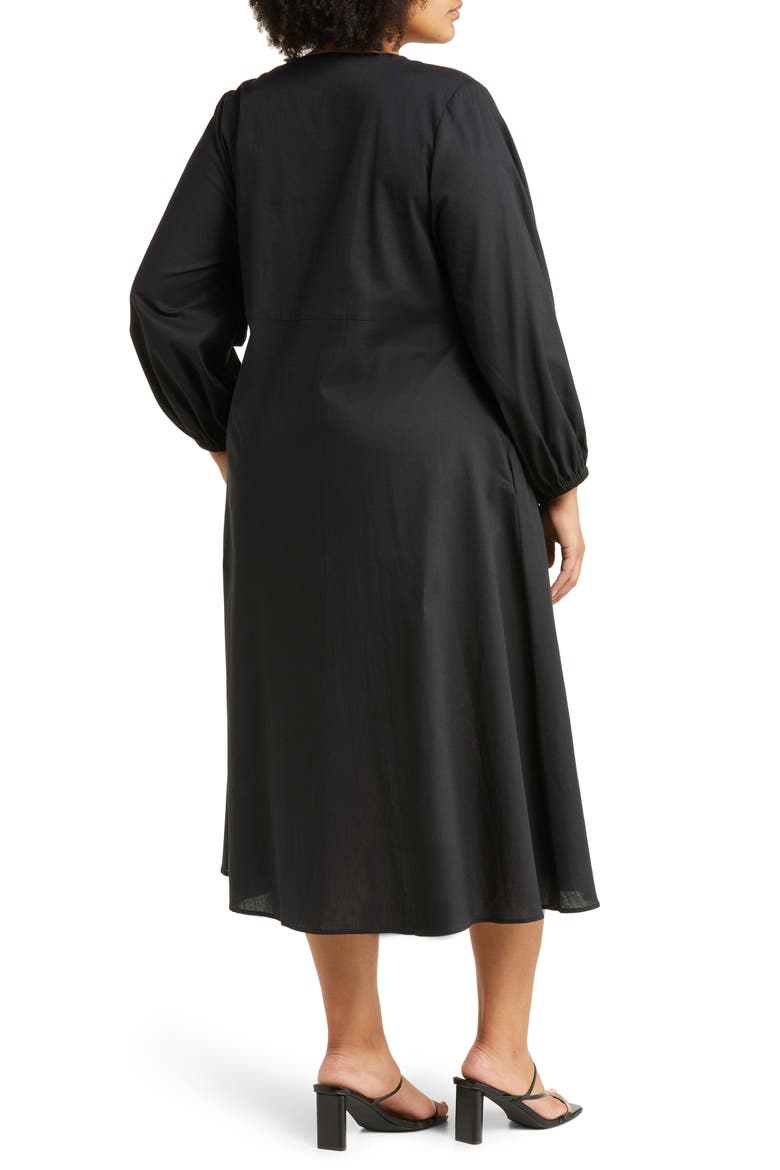 Novella Knot Front Long Sleeve Midi Dress, Alternate, color, BLACK