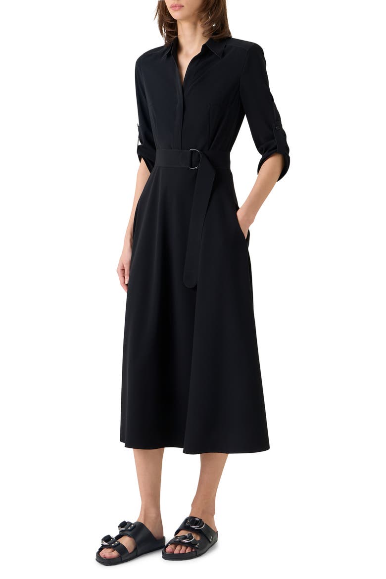 Belted Laser Cut Crepe Midi Shirtdress, Alternate, color, BLACK