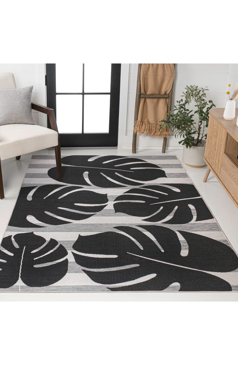JONATHAN Y Allison Classic Beach Stripe and Monstera Leaf Indoor/Outdoor Area Rug, Alternate, color, Black/Gray