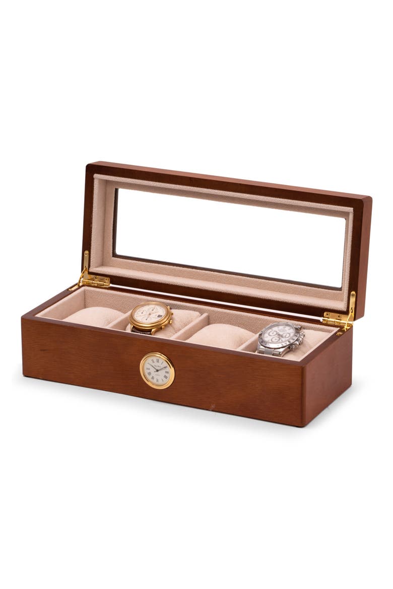 Cherry Wood 4-Watch Storage Case with Clock, Alternate, color, BROWN