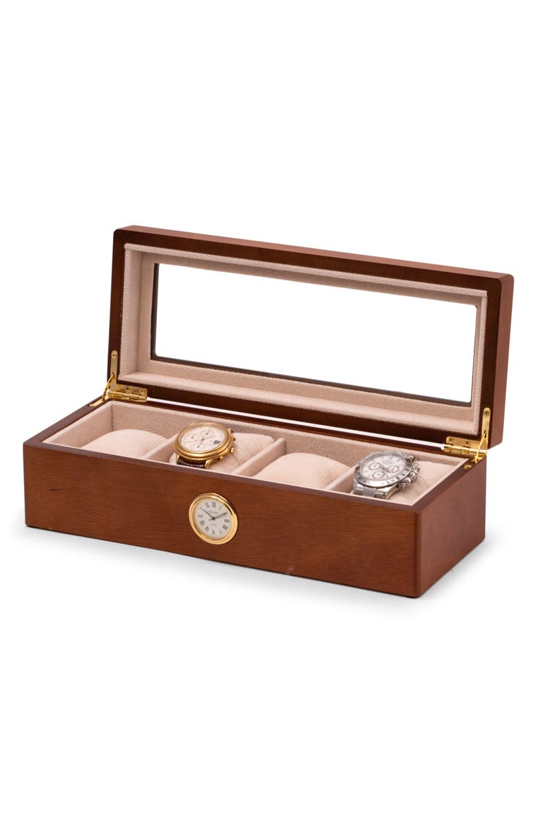 Bey-Berk Cherry Wood 4-Watch Storage Case with Clock, Alternate, color, Brown
