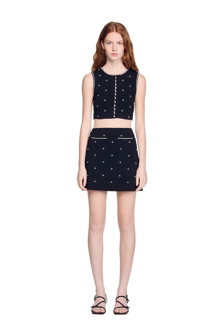 Rhinestone embroidered knit skirt, Alternate, color, Black