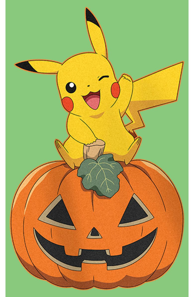 POKEMON Girl's Pokemon Halloween Pikachu Jack-O'-Lantern Graphic T-Shirt, Alternate, color, Green Apple
