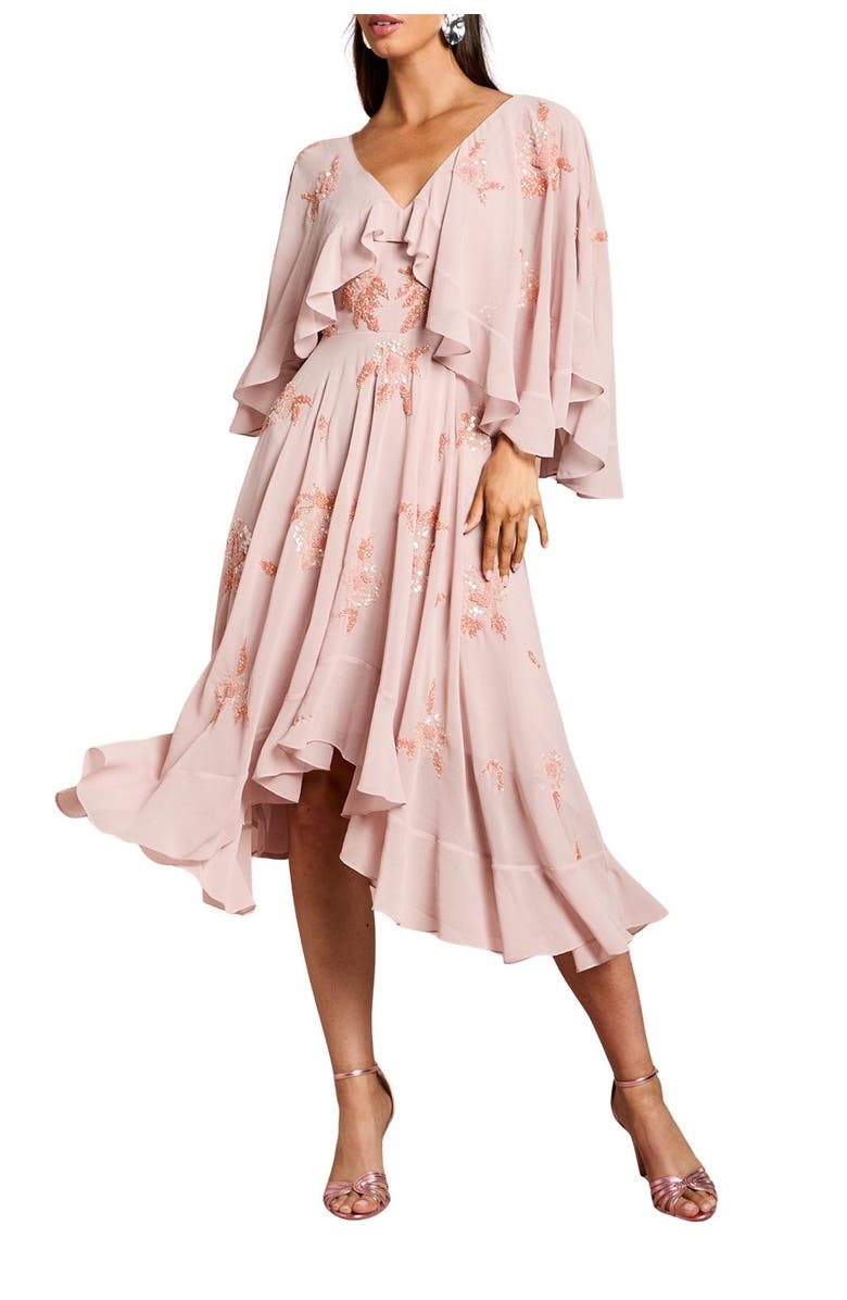 Coast Embellished Frill Cape Midi Dress, Alternate, color, Nude