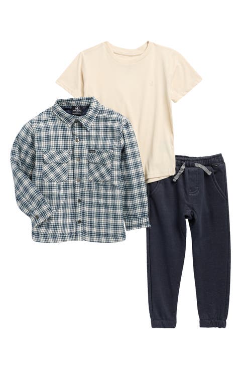 Kids' Plaid Flannel Jacket, T-Shirt & Fleece Joggers Set (Little Kid)