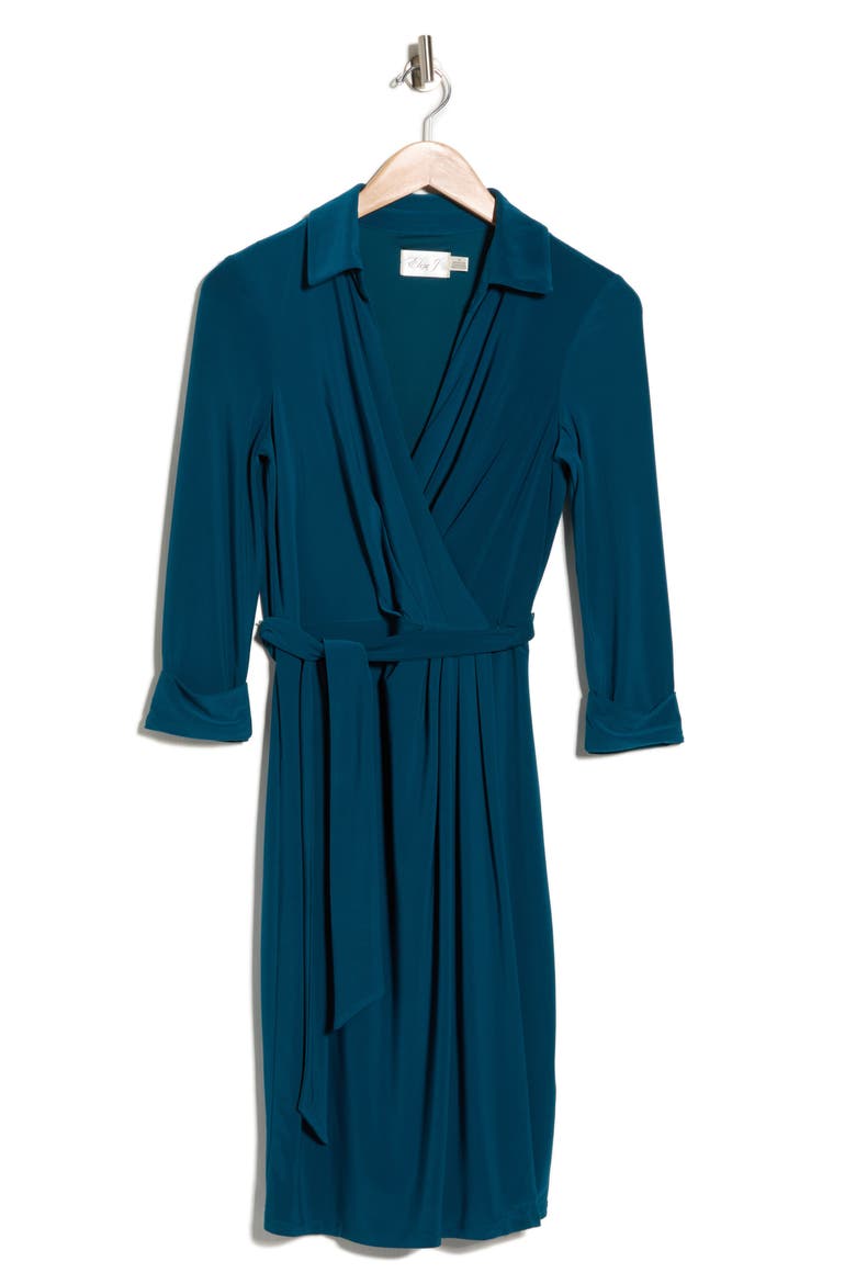 Three-Quarter Sleeve Faux Wrap Dress, Alternate, color, PEACOCK