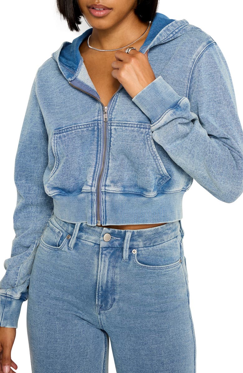 Good American Jeanius Crop Zip Hoodie, Alternate, color, Indigo586