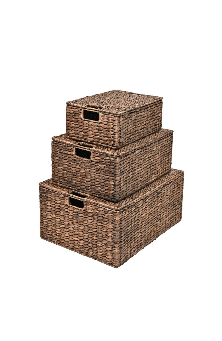 HAPPIMESS Brooks Classic Farmhouse Woven Hyacinth Rectangular Storage Baskets with Lids and Handles, Alternate, color, Brown