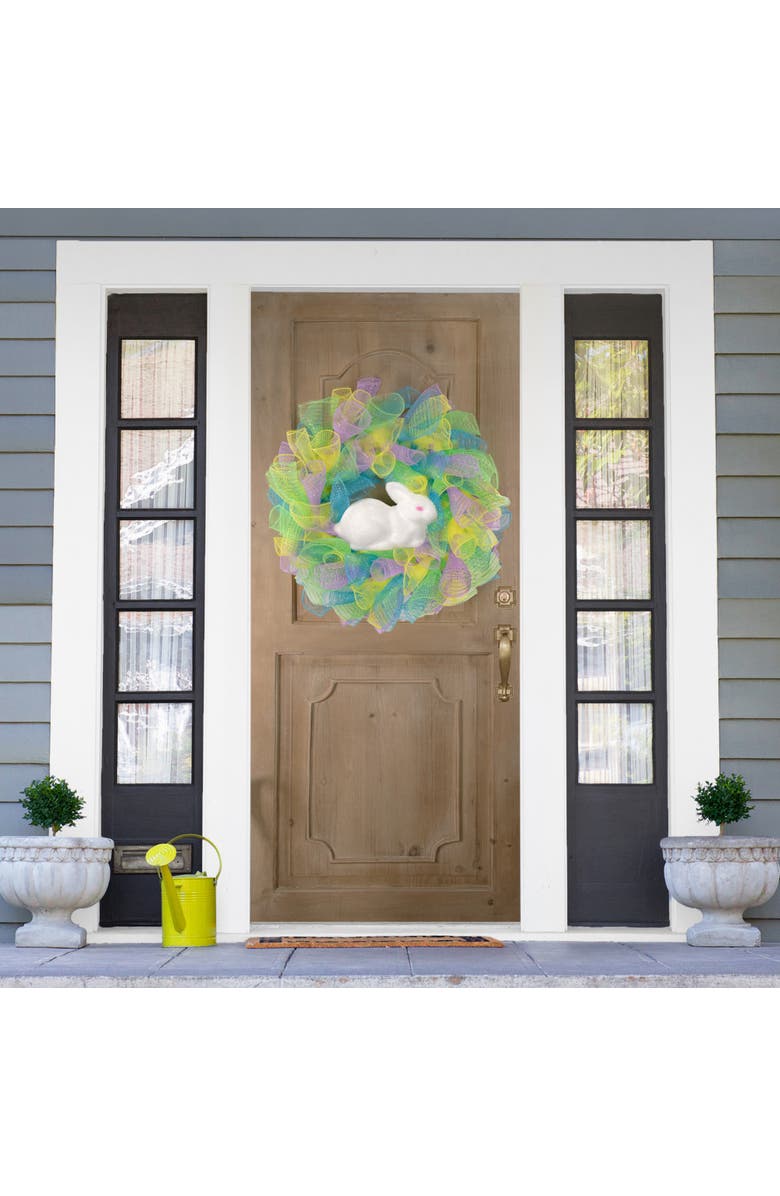 Northlight Pastel Deco Mesh Ribbon Easter Bunny Wreath - 24", Alternate, color, Yellow