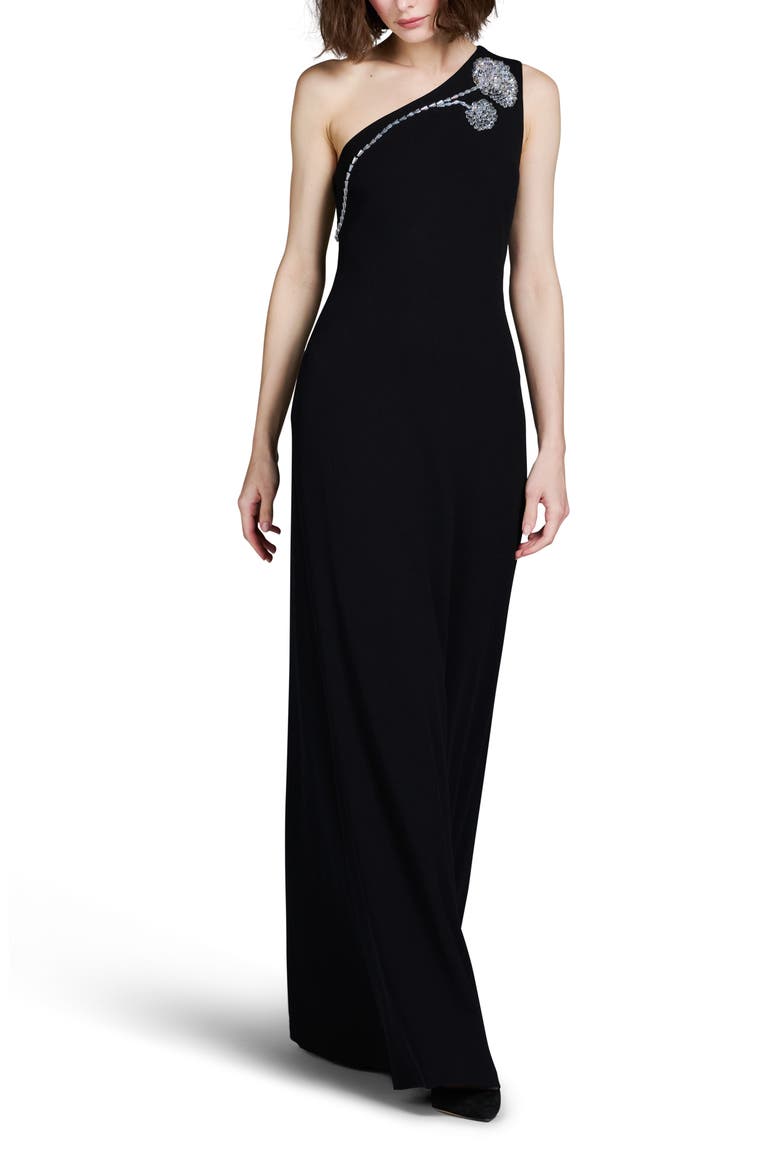 Crystal One-Shoulder Stretch Crepe Gown, Alternate, color, BLACK