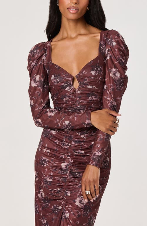 Astr The Label Long Sleeve Ruched Mesh Midi Dress In Brown