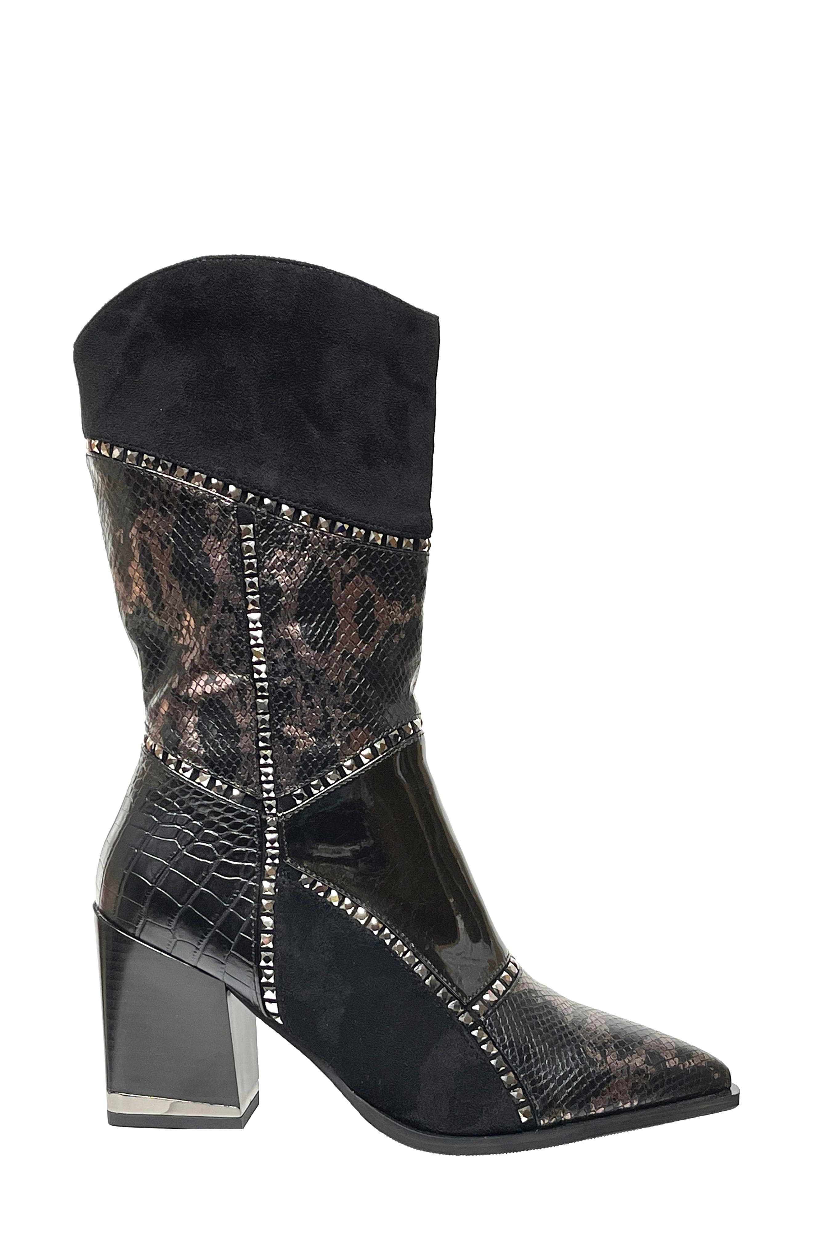 NINETY UNION Art Patchwork Studded Snake Embossed Boot, Alternate, color, Black
