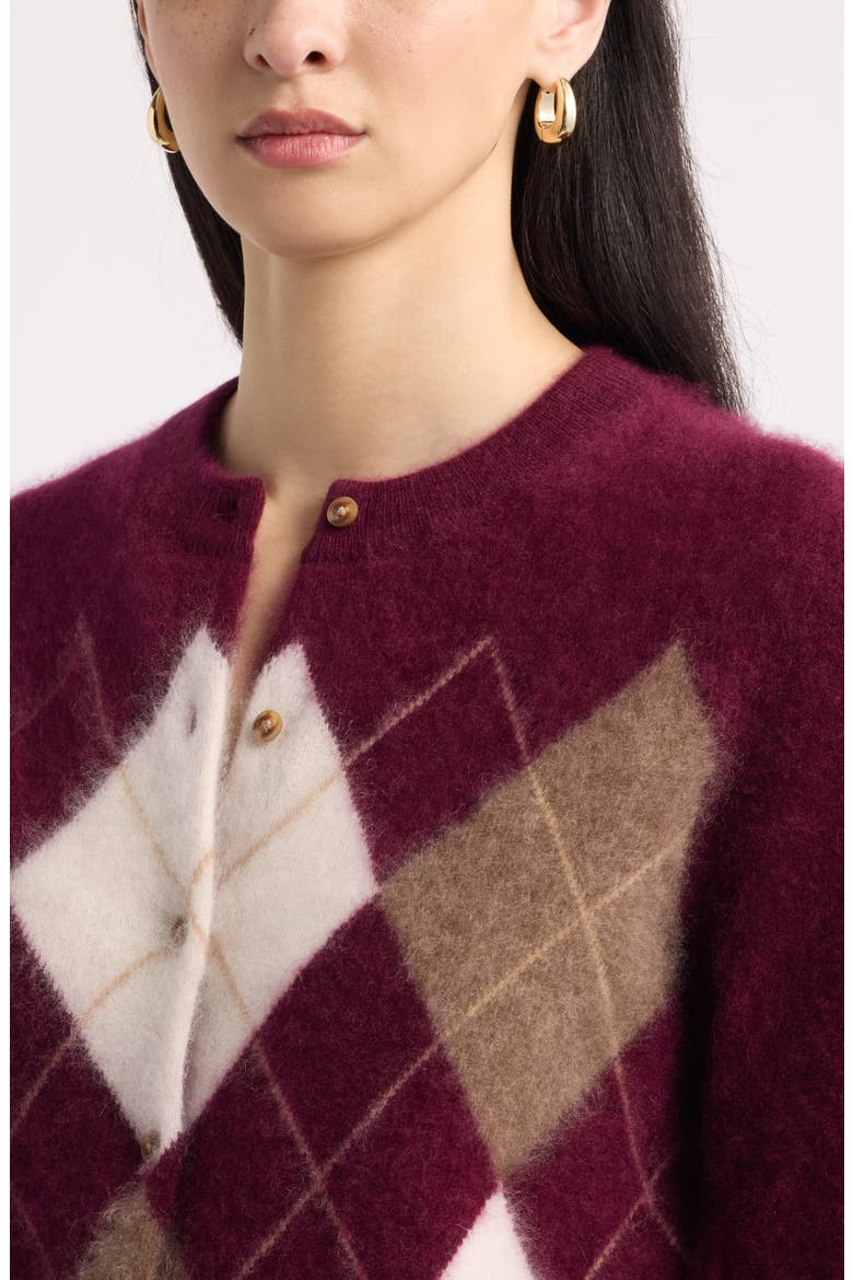 Brushed Cashmere Argyle Cardigan, Alternate, color, BURGUNDY FIG HEATHER ARGYLE