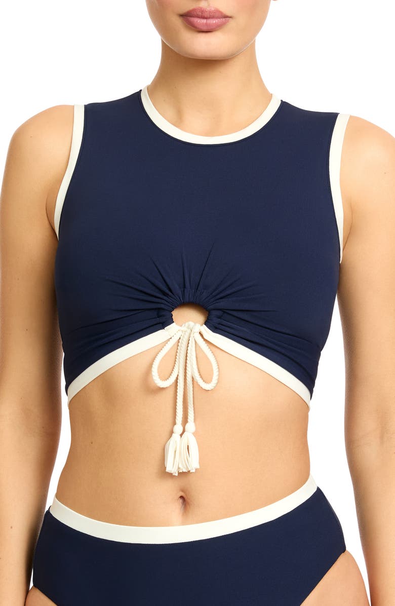Robin Piccone Tiena Longline Knot Front Bikini Top, Main, color, Navy/Cream