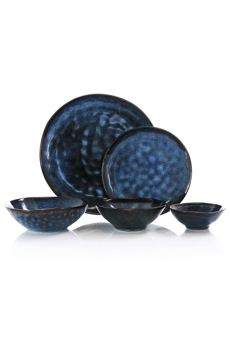 Elama Lucca 20 Piece Round Stoneware Triple Bowl Dinnerware Set in Reactive Glaze, Alternate, color, Blue