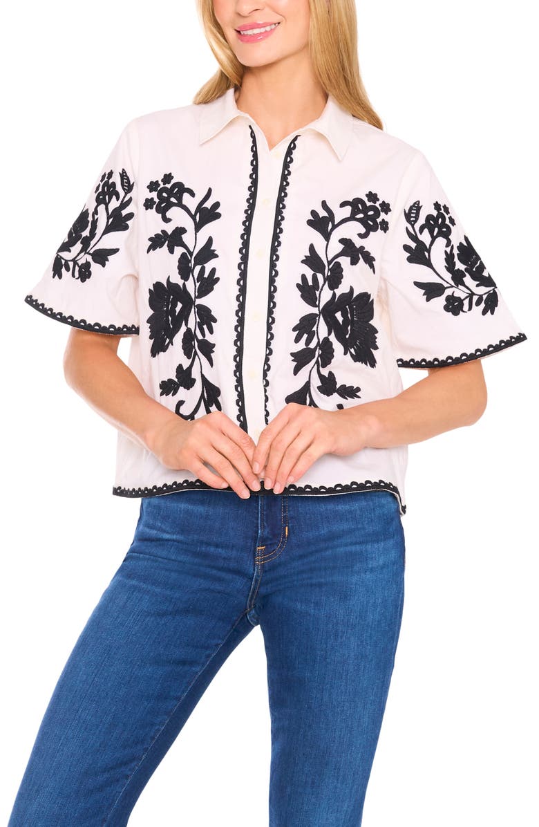 CeCe Embroidered Relaxed Fit Cotton Button-Up Shirt, Main, color, Eggnog