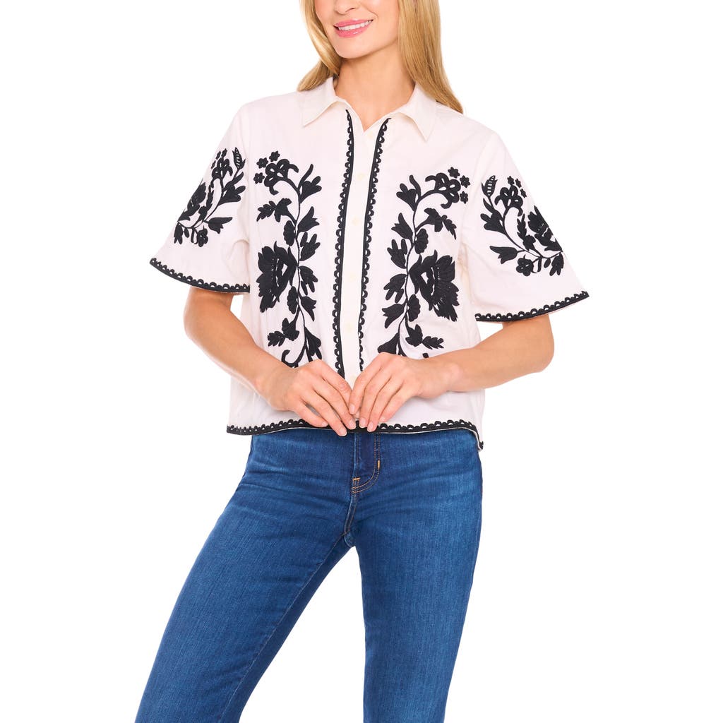 Cece Embroidered Relaxed Fit Cotton Button-up Shirt In Gray