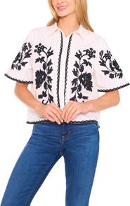 CeCe Embroidered Relaxed Fit Cotton Button-Up Shirt