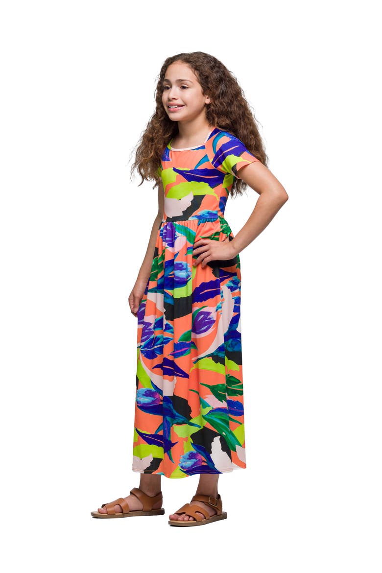Bright Floral Print Short Sleeve Maxi Dress, Alternate, color, Coral Multi