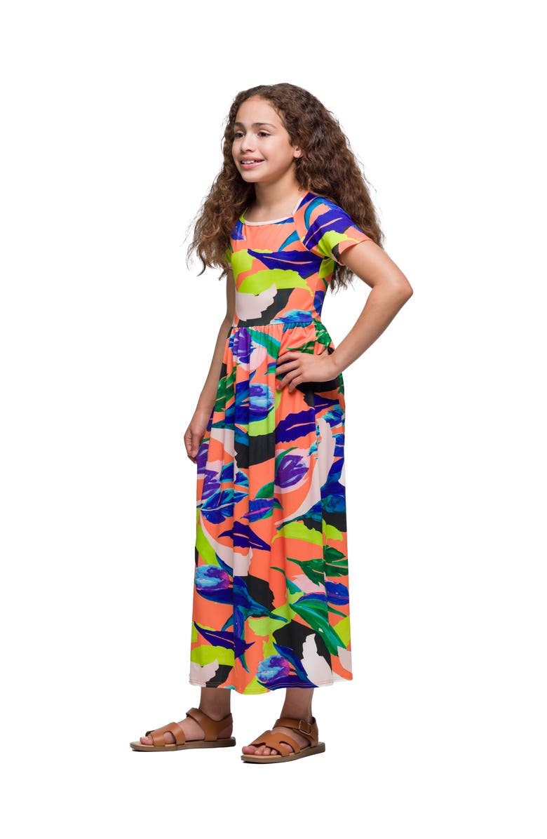 24sevenKid Bright Floral Print Short Sleeve Maxi Dress, Alternate, color, Coral Multi