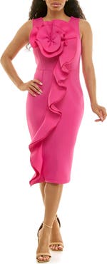 Nina Leonard Oversize Rosette Ruffle Sheath Dress