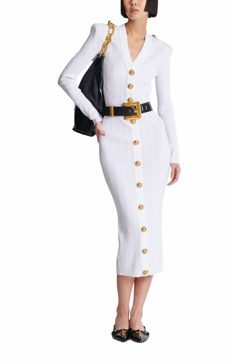 Balmain Long-Sleeved Cable-Knit Cardigan, Alternate, color, White