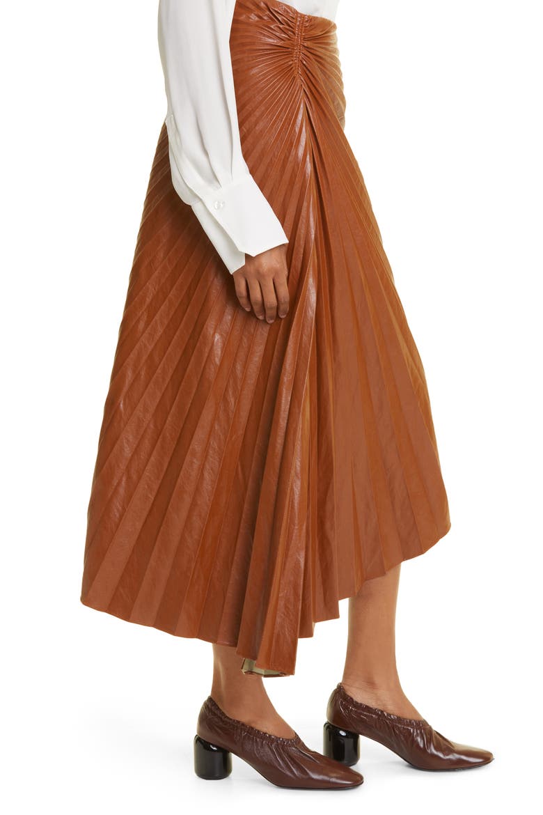 Tracy Asymmetric Pleat Faux Leather Skirt, Alternate, color, COGNAC