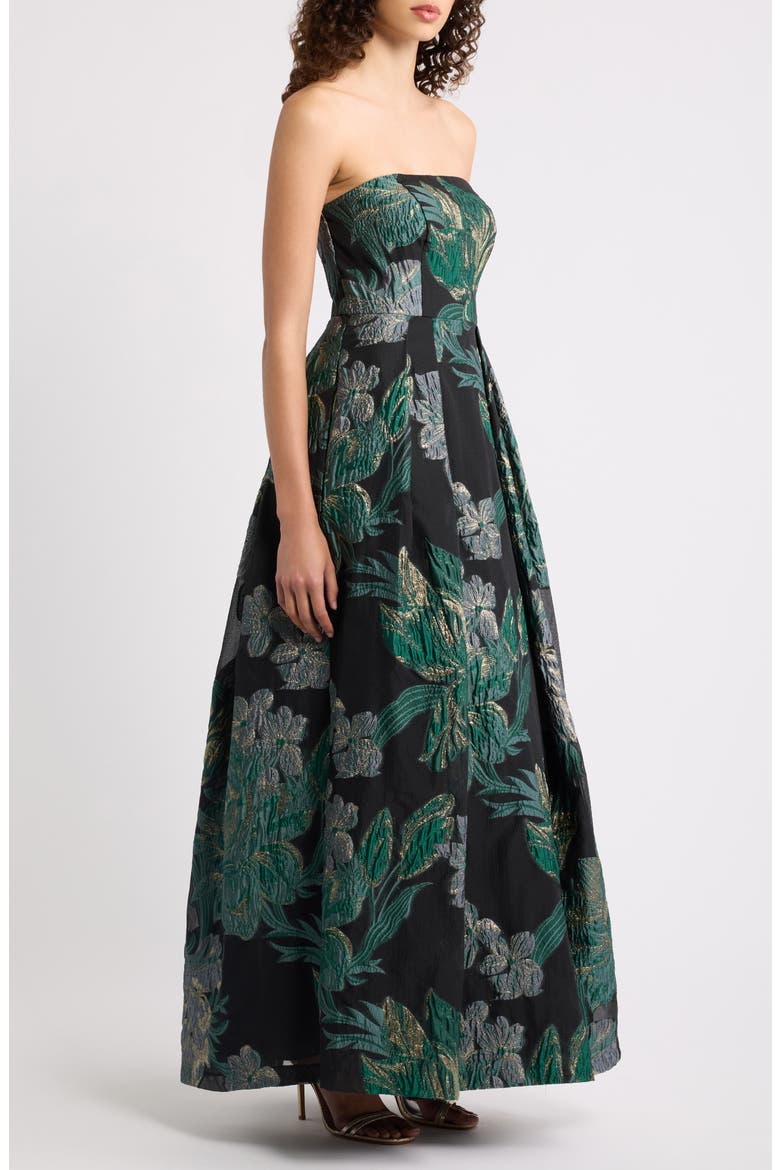 Strapless Metallic Jacquard A-Line Gown, Alternate, color, HUNTER