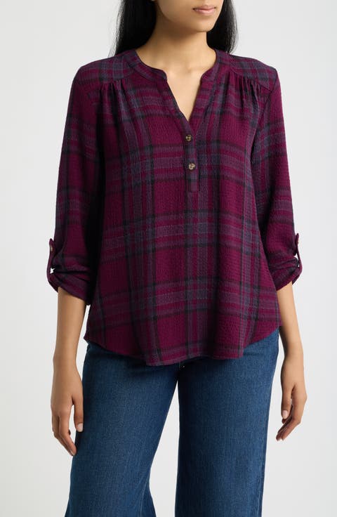 Roll Sleeve Plaid Top