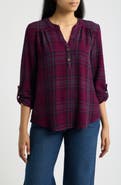 Bobeau Roll Sleeve Plaid Top