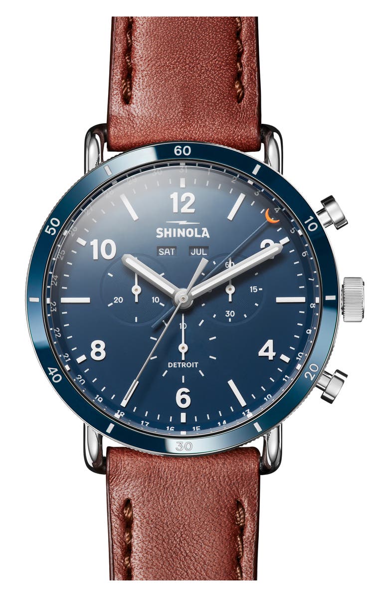 Shinola Canfield Chronograph Leather Strap Watch, 45mm, Main, color, Brown/ Blue/ Silver