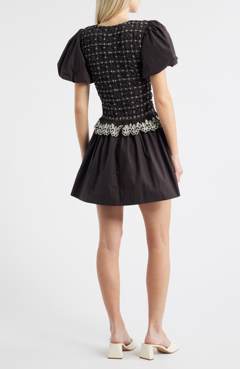 Damson Madder Audrey Smocked Puff Sleeve Organic Cotton Minidress, Alternate, color, Black
