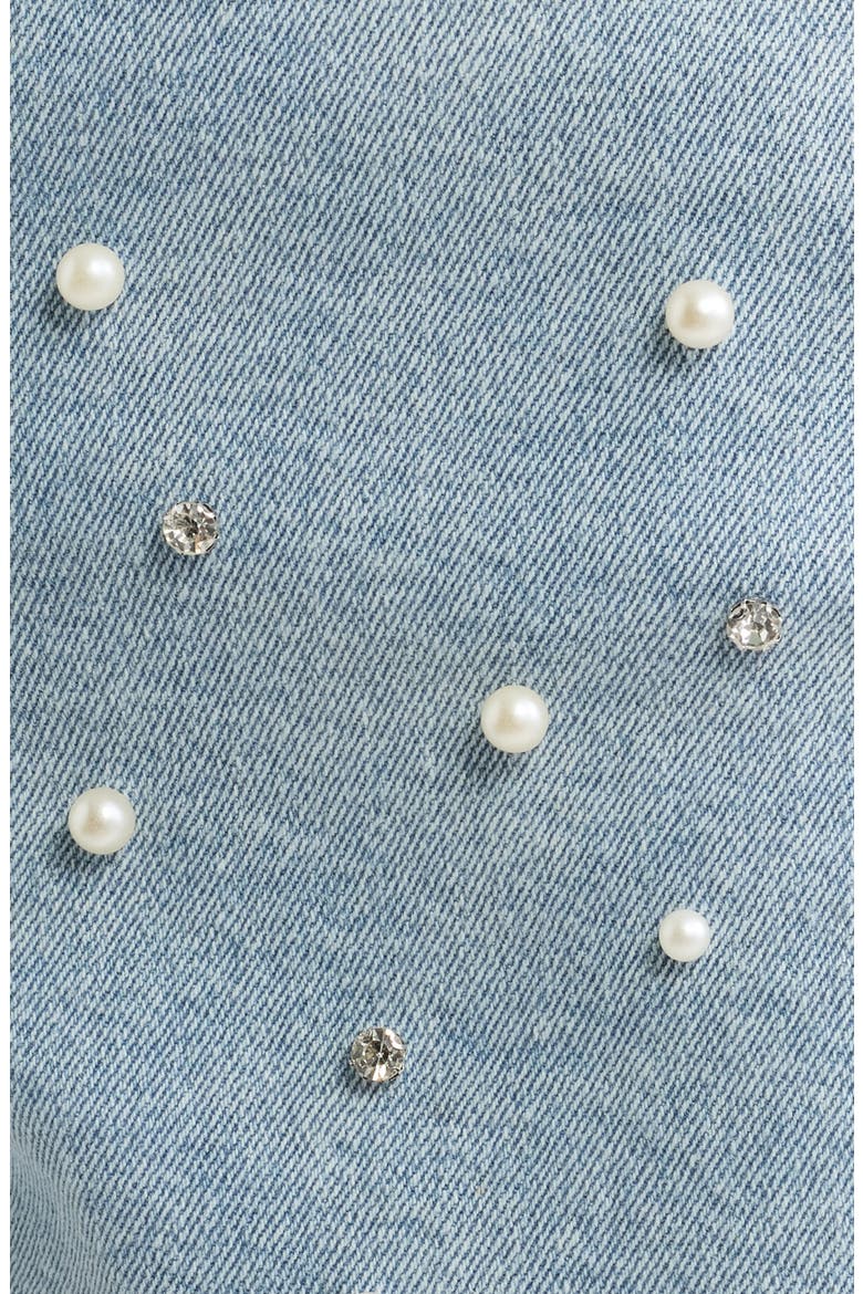 Imitation Pearl and Crystal Denim Cutoff Shorts, Alternate, color, LIGHT INDIGO