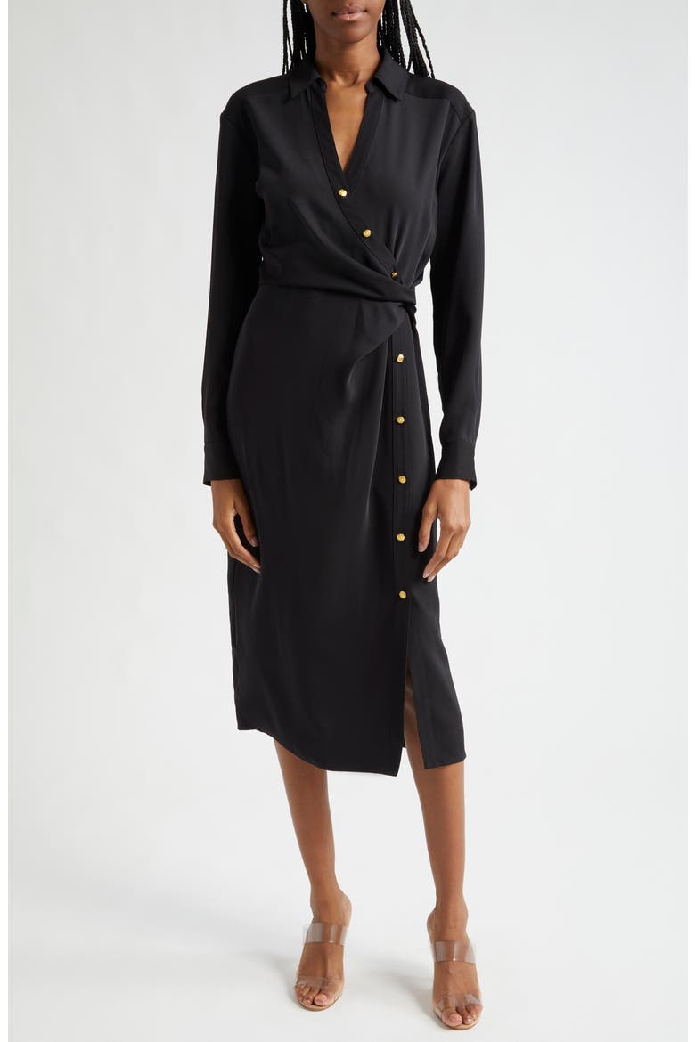 Wright Asymmetric Button Long Sleeve Shirtdress, Main, color, BLACK