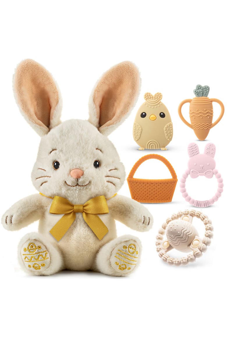 Plush Bunny with Bow and Silicone Teether Set, Main, color, Pink