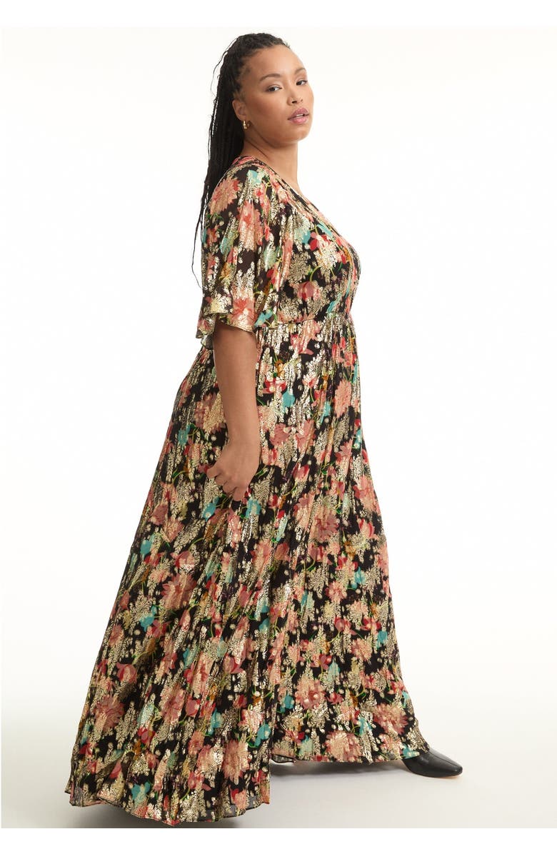 June + Vie Metallic Printed Maxi Dress, Alternate, color, Black Textured Wallflower