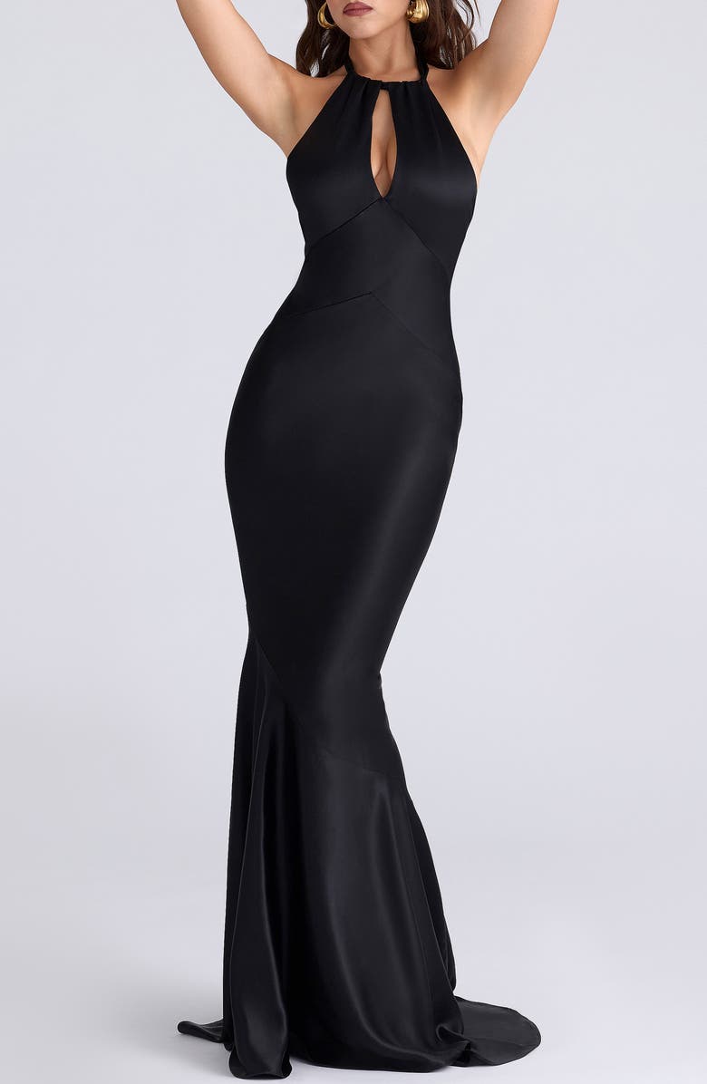 HOUSE OF CB Oliviana Satin Mermaid Gown, Alternate, color, Black