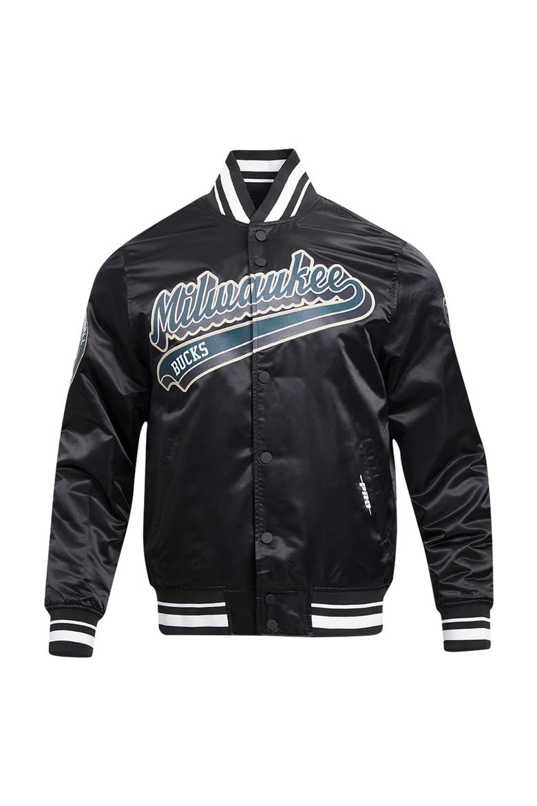 Men's Pro Standard Black Milwaukee Bucks Script Tail Full-Snap Satin Varsity Jacket, Alternate, color, Black