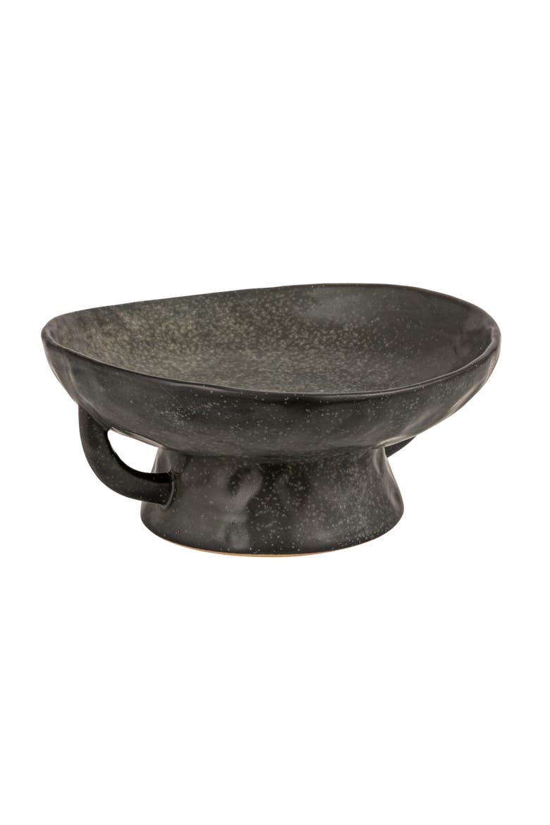 Stoneware Footed Pedestal Bowl with Handles, Reactive Glaze, Black, Main, color, Black