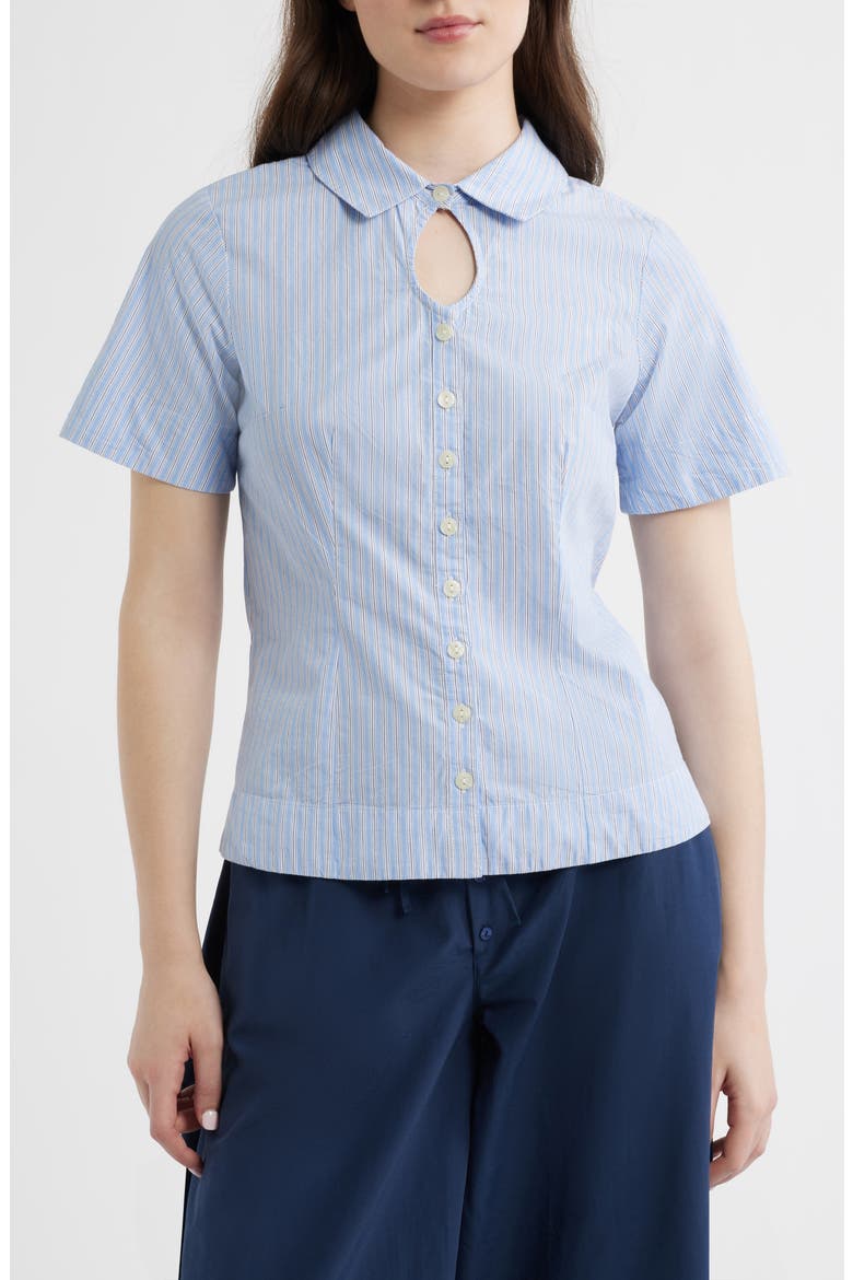 Ebba Pinstripe Keyhole Organic Cotton Button-Up Shirt, Main, color, BLUE