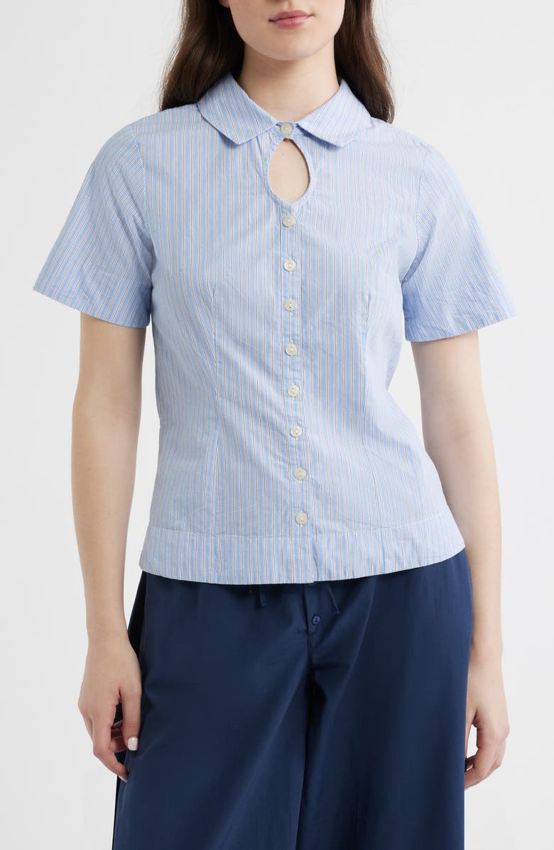 Damson Madder Ebba Pinstripe Keyhole Organic Cotton Button-Up Shirt, Main, color, Blue
